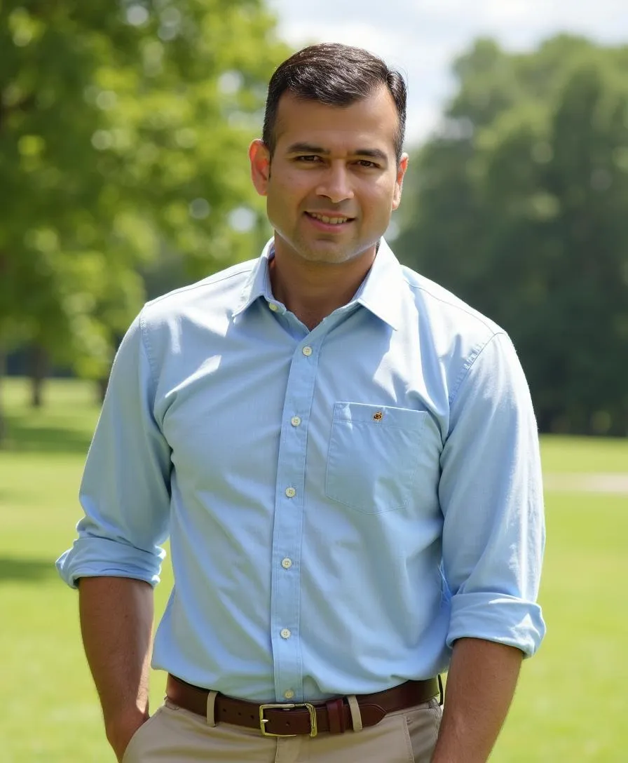 Amrish Menjoge, founder of Next Bastion, photographed outdoors in a light blue shirt.