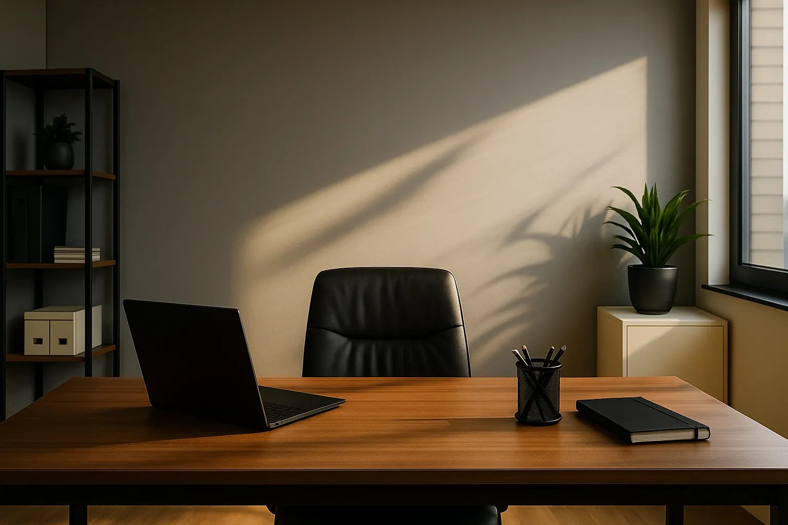 An empty office with a wooden desk, black chair, laptop and closed notebook, lit by late afternoon sun.