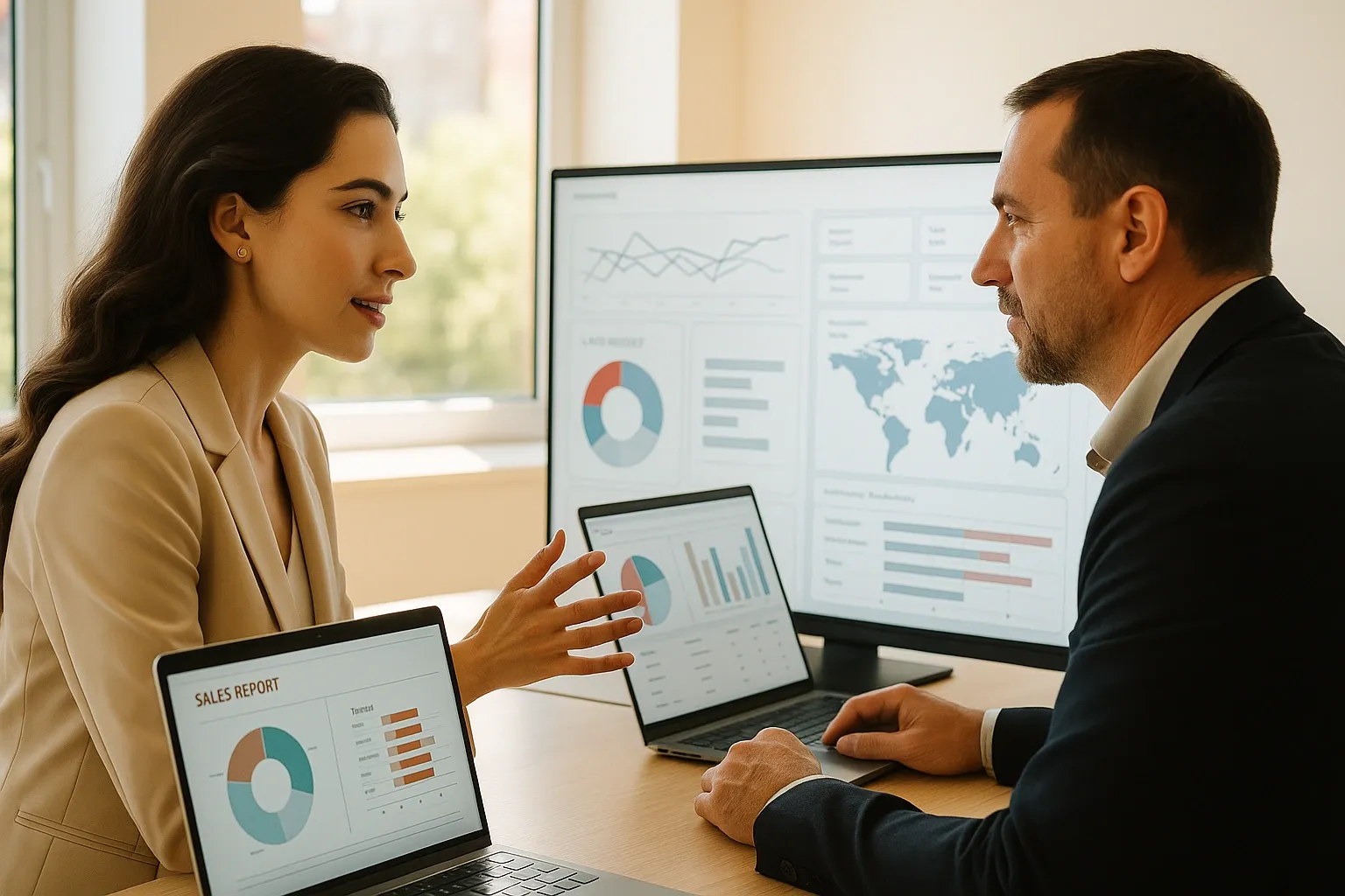 Two colleagues reviewing business performance charts together during a consultation.
