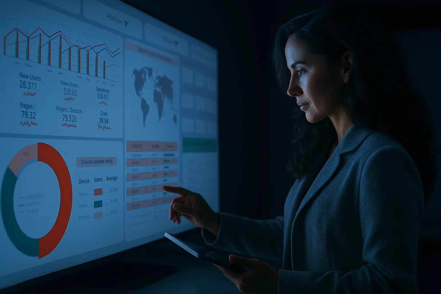 A data scientist reviewing an illuminated analytics dashboard on a large wall display.