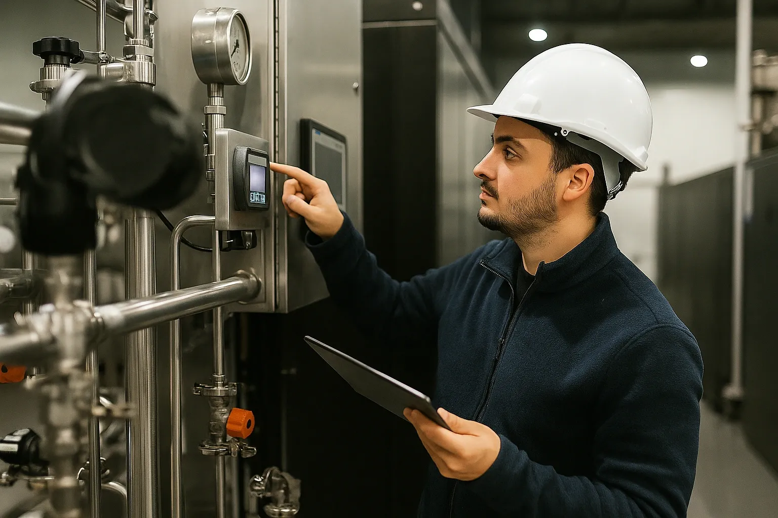 A technician in a hard hat operating a control panel on industrial process equipment while holding a tablet.