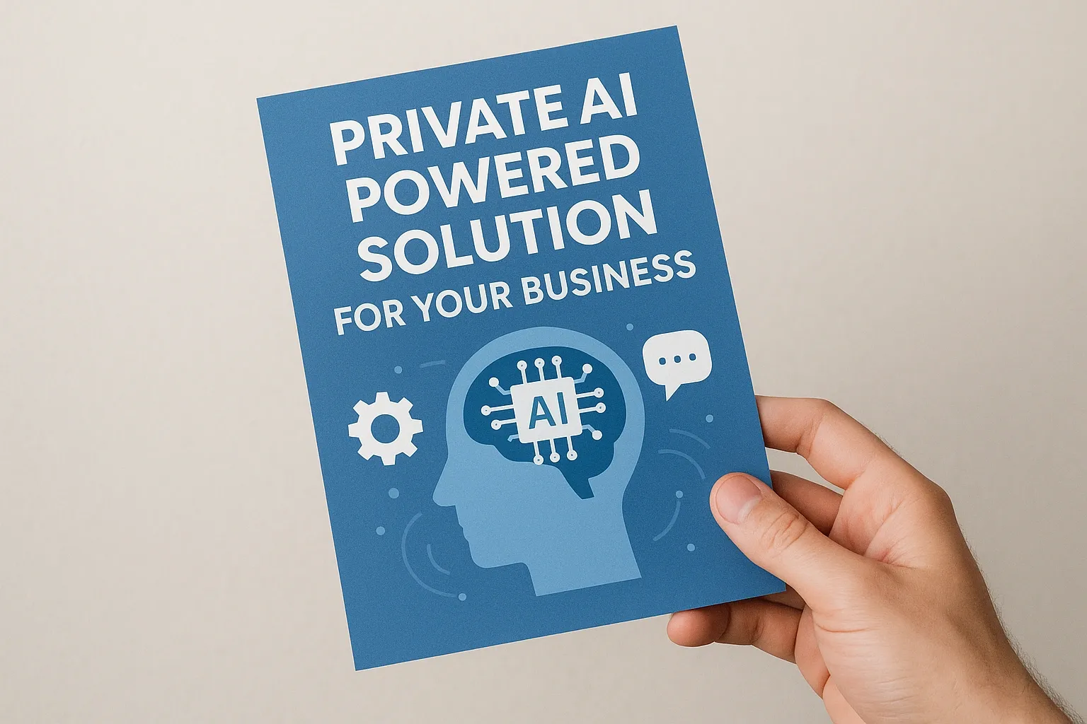 A hand holding a brochure titled "Private AI Powered Solution For Your Business".