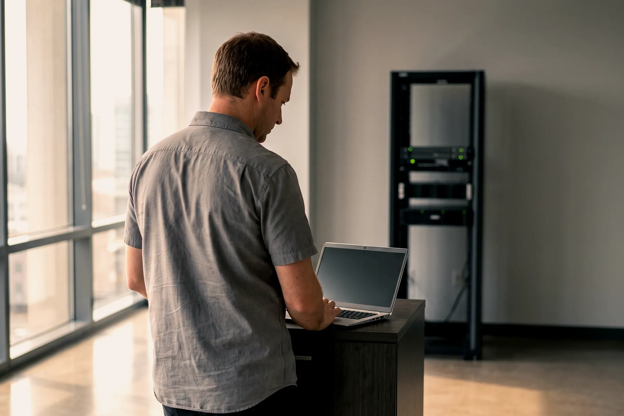 A consultant working at a laptop beside a single server rack in a daylit office.