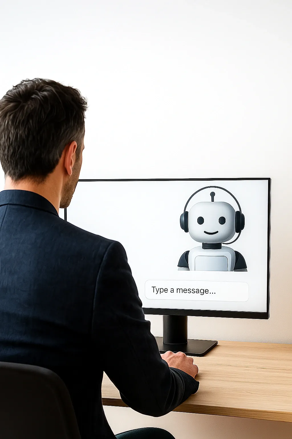 A person at a desk conversing with an AI assistant displayed on a monitor.